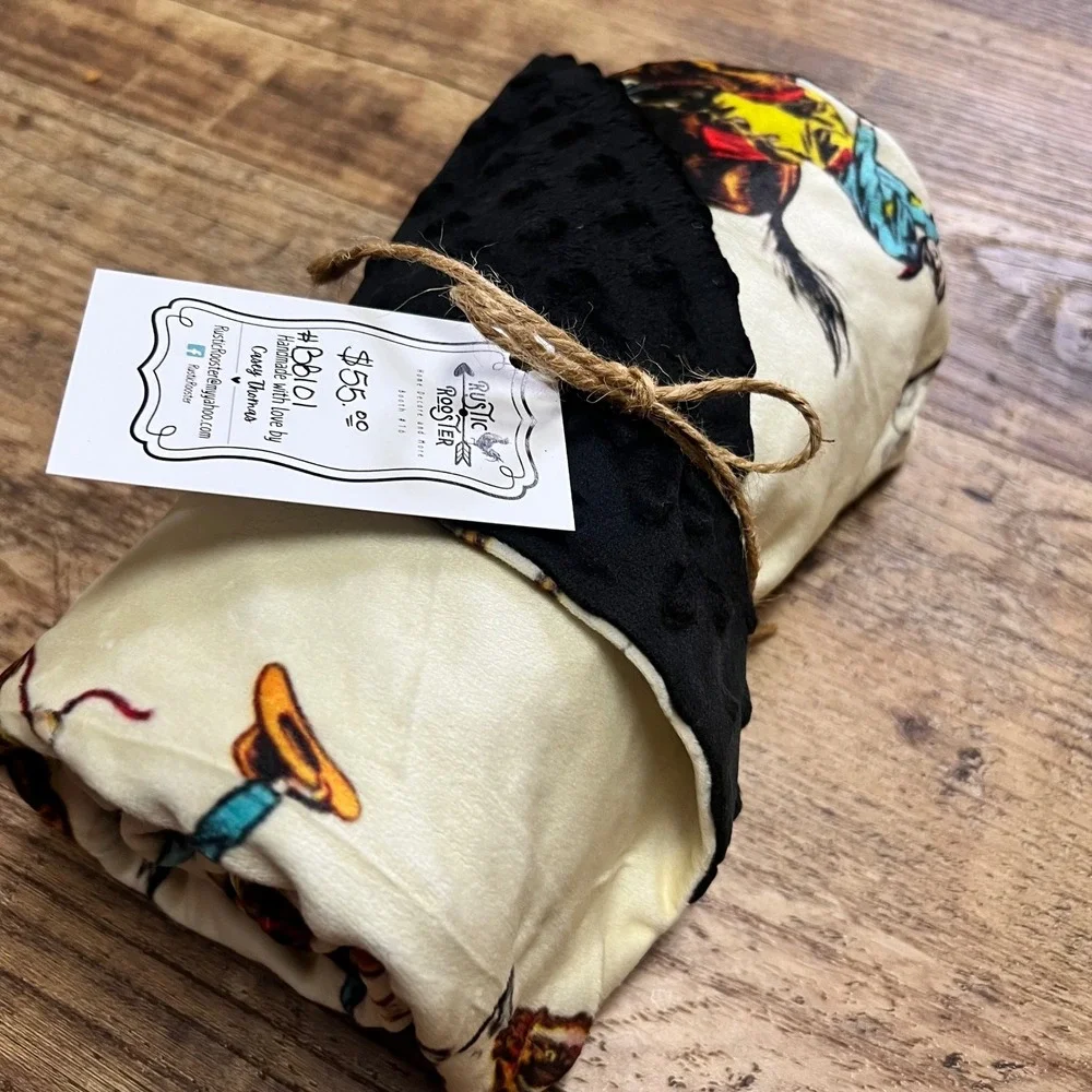 Rustic Rooster Western Cowboy Bronc Rider Minky Dot Baby Blanket Black soft